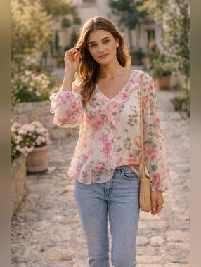 Philosophy Republic Clothing Sheer Floral Ruffle Blouse Pink Romantic Boho Top